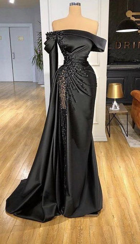 Black Prom Dress 2023 Mermaid/Trumpet Off the Shoulder Long Sleeves Beaded with Slit