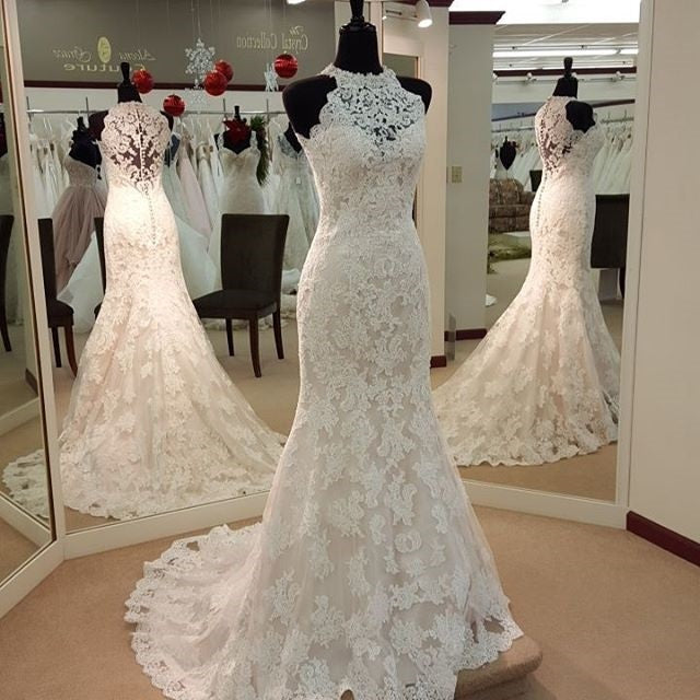 Mermaid/Trumpet Wedding Dresses Halter Neck Chapel Train See-Through Vintage with Embellishment Lace 2021 Custom Color / 8 Mermaid/Trumpet Wedding Dresses Halter Neck Chapel Train See-Through Vintage with Embellishment Lace 2021 Custom Color / 8