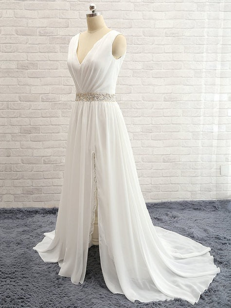 A-Line Wedding Dresses V Neck Cap Chapel Train Chiffon Ruched Slit Vintage with Beading 2021