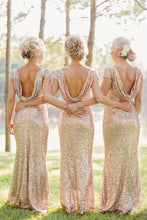 Load image into Gallery viewer, Sequin Bridesmaid Dress 2021 Matte Champagne Maxi Sheath Dress Cowl Back
