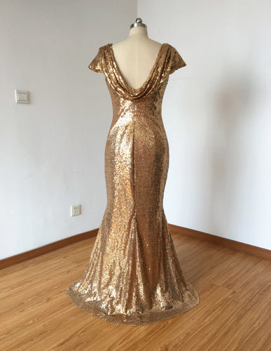 Cowl Back Bronze Gold Sequin Long Bridesmaid Dress 2020 Mermaid