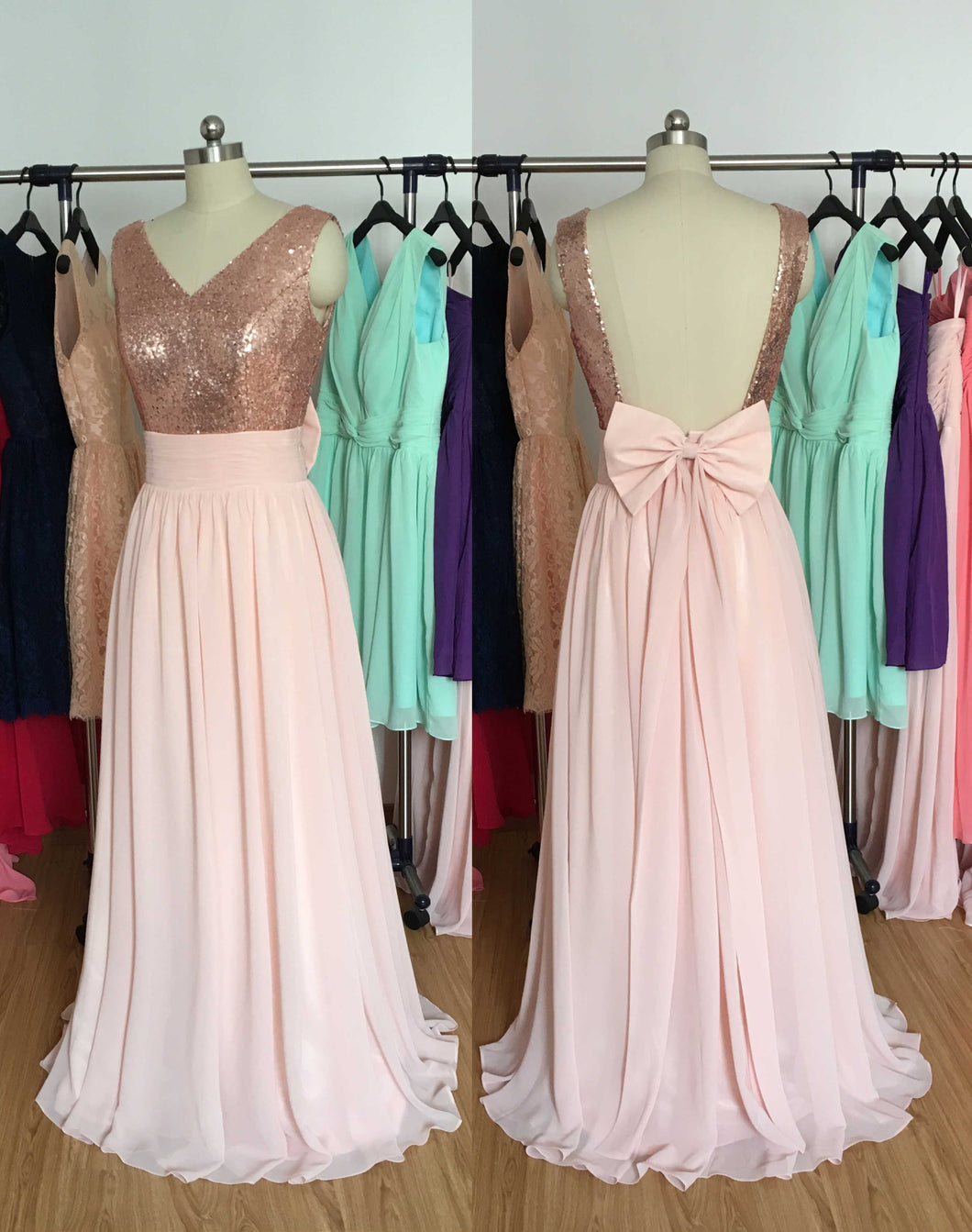 Rose Gold Sequin Pearl Pink Chiffon Long Bridesmaid Dress 2020