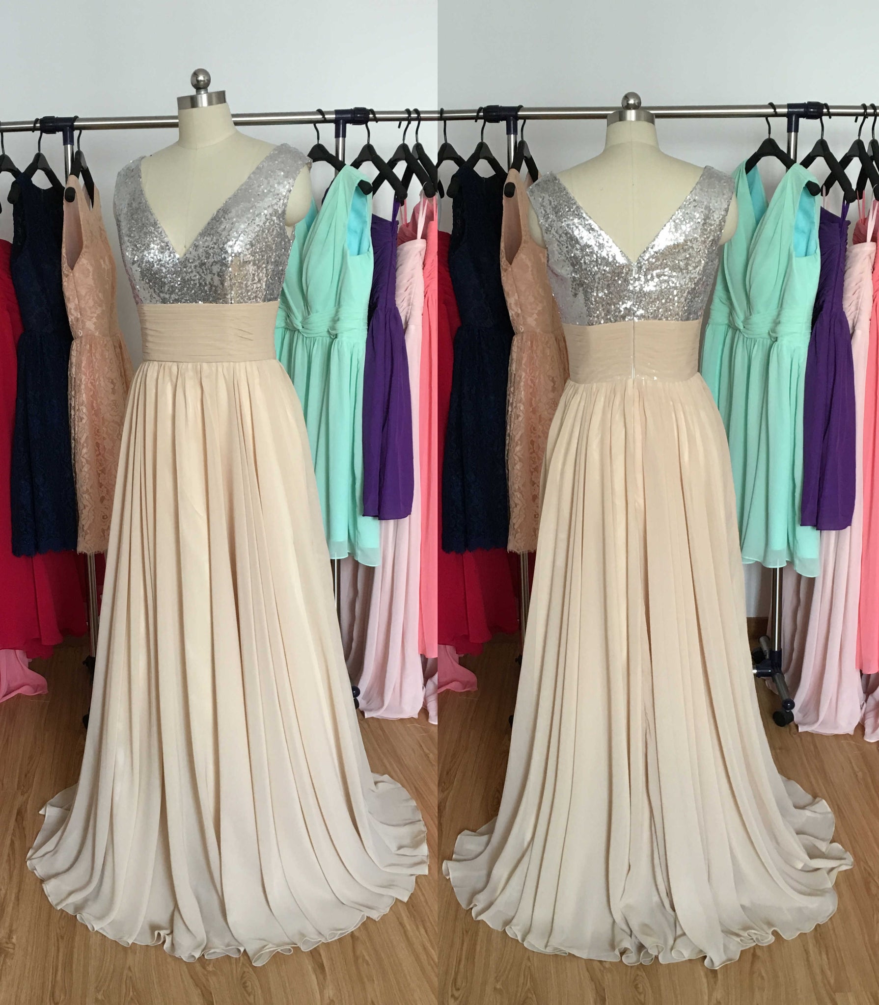 Silver Sequin Champagne Chiffon Long Bridesmaid Dress 2020 AnnaCustomDress Silver Sequin Champagne Chiffon Long Bridesmaid Dress 2020 AnnaCustomDress