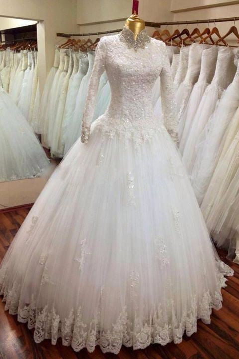 Ball Gown Wedding Dresses High Neck Long Sleeve Floor Length Sparkle & shine Floral Lace Vintage Formal with Appliques Sequin 2021
