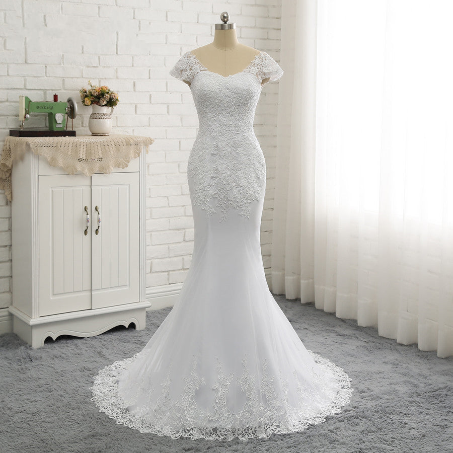 Mermaid/Trumpet Wedding Dresses Cap Sleeve Court Train V Back Tulle Illusion Vintage with Appliques 2021 Cream / 16W Mermaid/Trumpet Wedding Dresses Cap Sleeve Court Train V Back Tulle Illusion Vintage with Appliques 2021 Cream / 16W