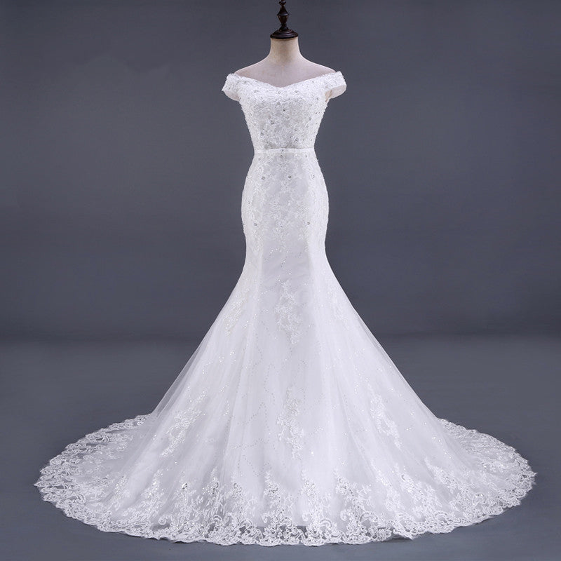 Mermaid/Trumpet Wedding Dresses Off Shoulder Chapel Train Tulle Lace-u –  AnnaCustomDress