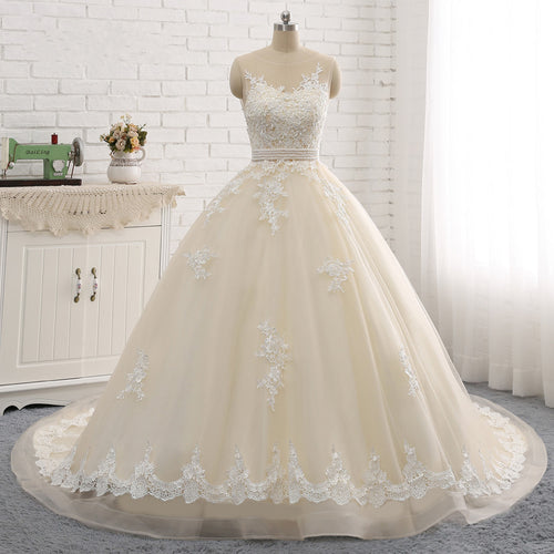 Ball Gown Wedding Dresses Scoop Sleeveless Sweep/Brush Train See-Through Organza Vintage with Appliques Beading Pleats Bow(s）2021