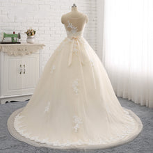 Load image into Gallery viewer, Ball Gown Wedding Dresses Scoop Sleeveless Sweep/Brush Train See-Through Organza Vintage with Appliques Beading Pleats Bow(s）2021