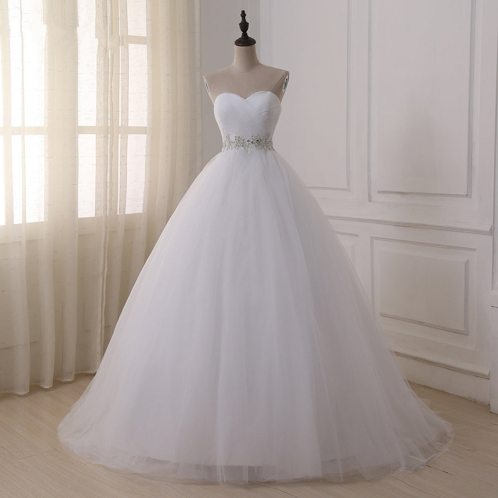 Ball Gown Wedding Dresses Sweetheart Floor Length Tulle Corset Back Romantic with Crystals Appliques Sequin Pleats 2021
