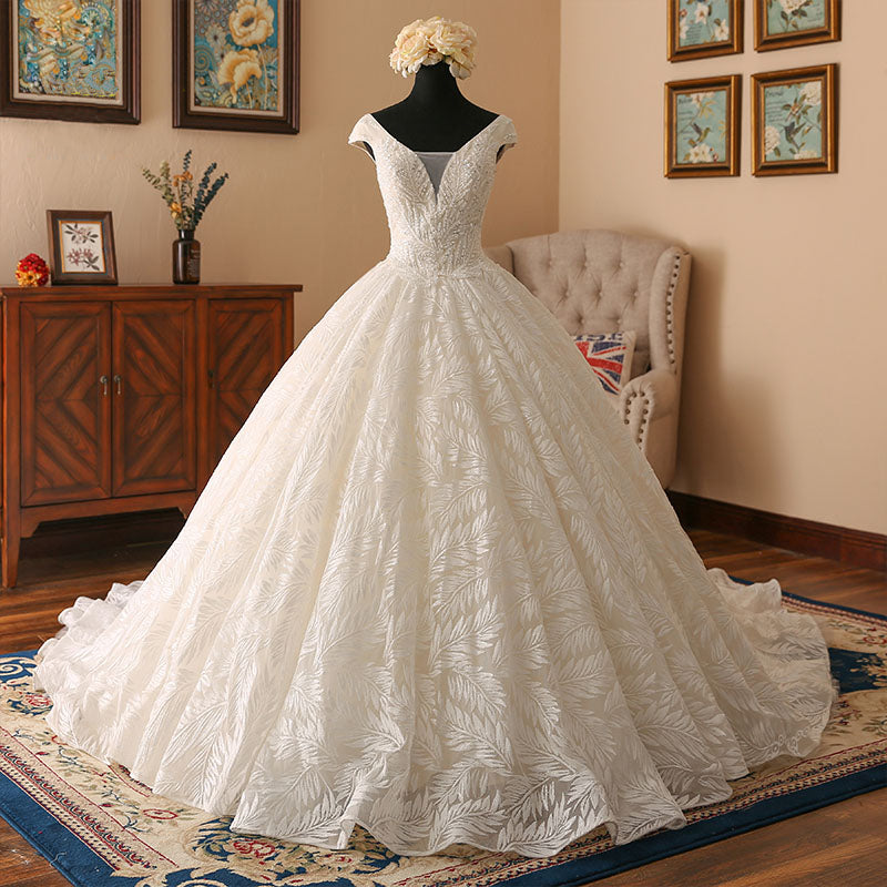 Ball Gown Wedding Dresses Cap Sleeve Cathedral Train Lace-up Vintage with Embellishment Appliques 2021 Custom Color / 12 Ball Gown Wedding Dresses Cap Sleeve Cathedral Train Lace-up Vintage with Embellishment Appliques 2021 Custom Color / 12