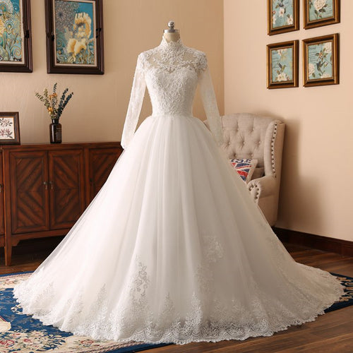 Ball Gown Wedding Dresses High Neck Long Sleeve Sweep/Brush Train See-Through Beautiful Back Lace Vintage Modest with Appliques Pleats 2021