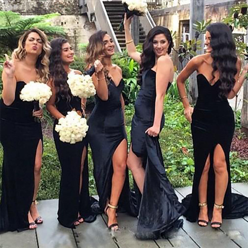 Black Velvet Bridesmaid Dress Mermaid with Slit Custom Color / 2 Black Velvet Bridesmaid Dress Mermaid with Slit Custom Color / 2