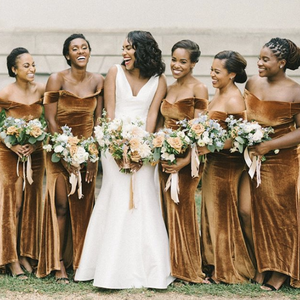 Off the Shoulder Bronze Gold Velvet Long Bridesmaid Dress Mermaid with Slit Custom Color / 6 Off the Shoulder Bronze Gold Velvet Long Bridesmaid Dress Mermaid with Slit Custom Color / 6