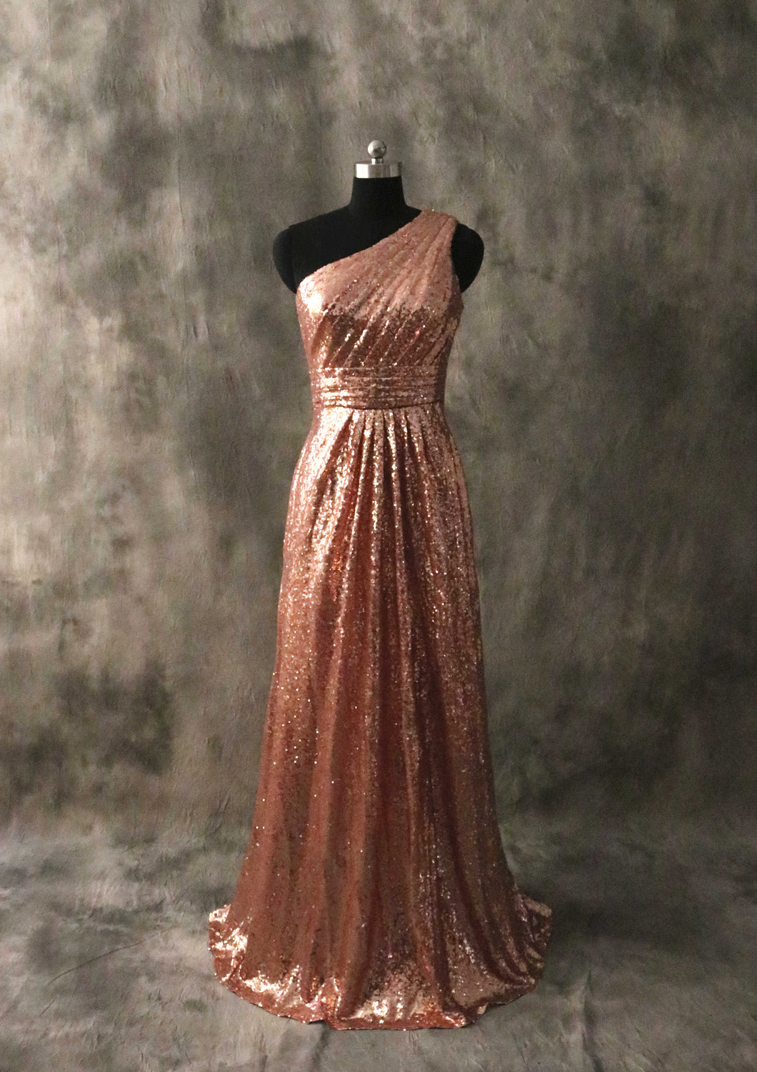 One-shoulder Rose Gold Sequin Long Bridesmaid Dress 2020