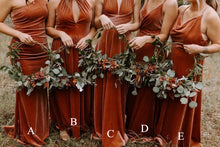 Load image into Gallery viewer, Mismatched Bridesmaid Dresses - Burnt Orange Velvet Maxi Dresses