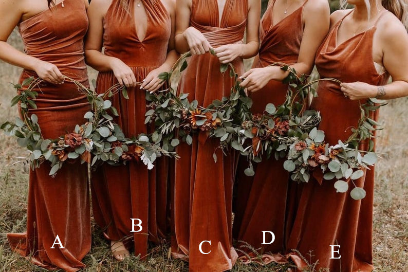 Mismatched Bridesmaid Dresses - Burnt Orange Velvet Maxi Dresses