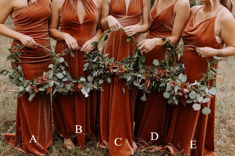 Mismatched Bridesmaid Dresses - Burnt Orange Velvet Maxi Dresses AnnaCustomDress Mismatched Bridesmaid Dresses - Burnt Orange Velvet Maxi Dresses AnnaCustomDress