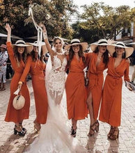 Load image into Gallery viewer, Burnt Orange Chiffon Midi Wrap Bridesmaid Dress 2020 with Long Sleeves