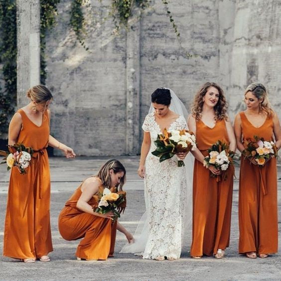 Burnt Orange Chiffon Long Bridesmaid Dress 2020 Two Pieces Top & Jumpsuit