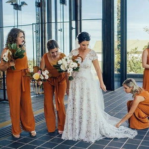 Burnt Orange Chiffon Long Bridesmaid Dress 2020 Two Pieces Top & Jumpsuit