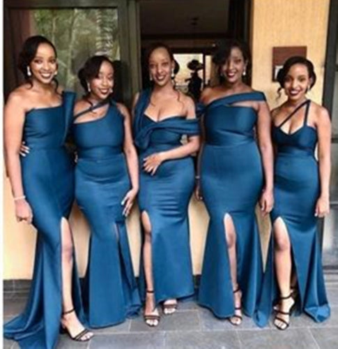 African Bridesmaid Dress 2021 Teal Blue Satin