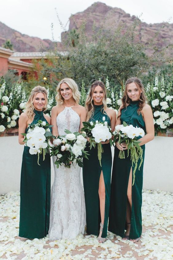 Emerald Green Bridesmaid Dress 2021 Halter Crepe Satin Maxi Dress with Slit