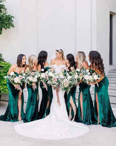 Emerald Green Velvet Bridesmaid Dress 2021 Sweetheart Maxi Dress with Slit & Horsehair Hem Emerald Green Velvet Bridesmaid Dress 2021 Sweetheart Maxi Dress with Slit & Horsehair Hem