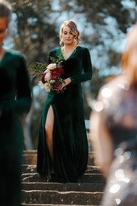 Emerald Green Velvet Bridesmaid Dress 2021 V-neck Maxi Dress with Slit & Long Sleeves