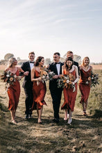 Load image into Gallery viewer, Fall Bridesmaid Dress 2021 V neck Burnt Orange Rust Silk Slip Midi Dress with Side Slits