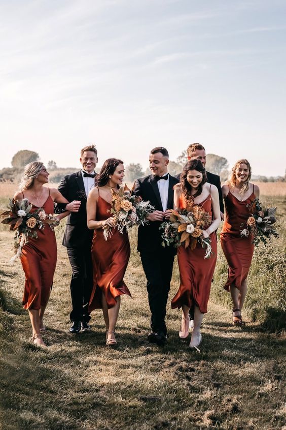 Fall Bridesmaid Dress 2021 V Neck Burnt Orange Rust Silk Slip Midi Dress with Side Slits Custom Color / 14 Fall Bridesmaid Dress 2021 V Neck Burnt Orange Rust Silk Slip Midi Dress with Side Slits Custom Color / 14