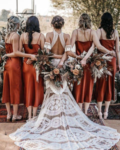 Fall Bridesmaid Dress 2021 V neck Burnt Orange Rust Silk Slip Midi Dress with Side Slits
