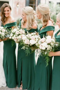 Green Bridesmaid Dress 2021 Off the Shoulder Crepe Satin Maxi Dress with Slit