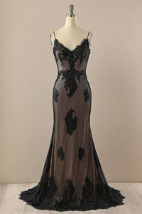Black Prom Dress 2023 Mermaid/Trumpet V Neck Spaghetti Straps Lace with Appliques