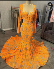 Load image into Gallery viewer, Orange Prom Dress 2023 Illusion Neck Long Sleeves Sequin with Ruffles