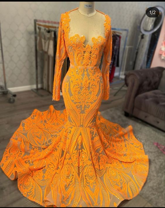 Orange Prom Dress 2023 Illusion Neck Long Sleeves Sequin with Ruffles