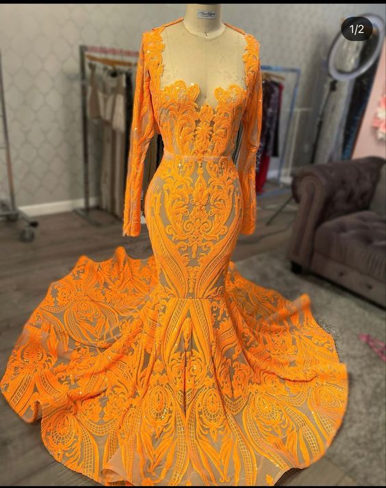 Orange Prom Dress 2023 Illusion Neck Long Sleeves Sequin with Ruffles –  AnnaCustomDress