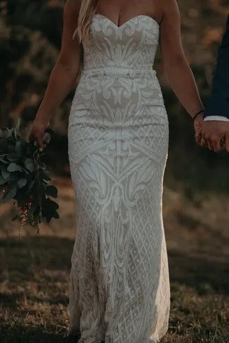 Patterned Sequin Wedding Dress Ivory