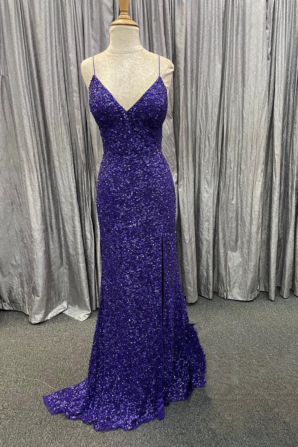 green emerald velvet dress Mermaid Long Purple Sequin Prom Dresses Split Evening Gown For Teen main image 1