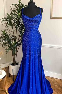 Royal Blue Prom Dress 2023 V Neck Spaghetti Straps Mermaid Sequin with Pleats