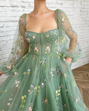 Load image into Gallery viewer, Prom Dress 2023 A-line Square Neck Long Sleeves Tulle Embroidery Floral Puffy