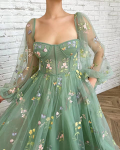 Prom Dress 2023 A-line Square Neck Long Sleeves Tulle Embroidery Floral Puffy