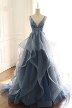 Load image into Gallery viewer, Dusty Blue Prom Dress 2023 Spaghetti Straps Tulle Horsehair Hem