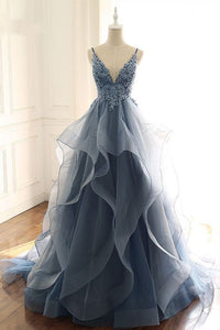 Dusty Blue Prom Dress 2023 Spaghetti Straps Tulle Horsehair Hem