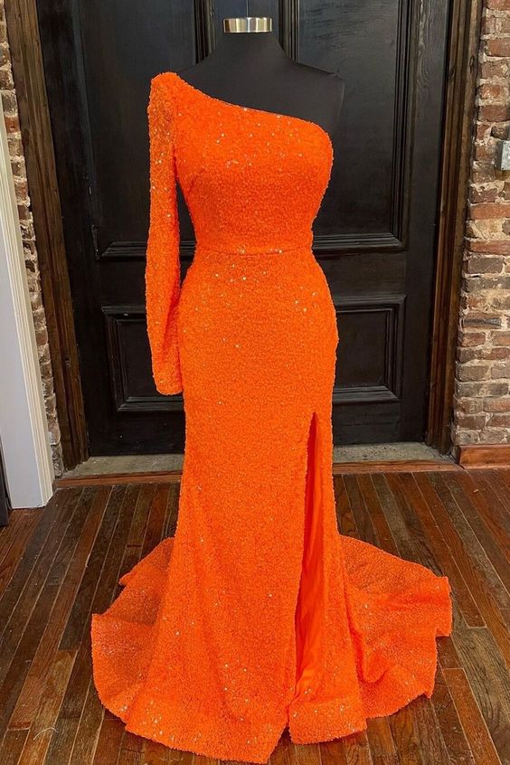 Neon Orange Prom Dress 2023 Long Sleeves Maxi Dress with Slit