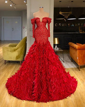 Load image into Gallery viewer, Red Prom Dress 2023 Off the Shoulder Sequin with Feathers Long Sleeves