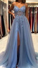 Load image into Gallery viewer, Blue Prom Dress 2023 Spaghetti Straps Lace Appliques Tulle with Slit