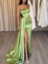 Load image into Gallery viewer, Unique Prom Dress 2023 Sexy Mermaid/Trumpet Spaghetti Straps Draping Satin with Slit
