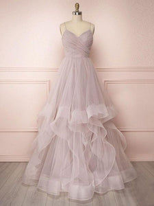 Pink Prom Dress 2023 A-line V Neck Spaghetti Straps Tulle with Ruffles