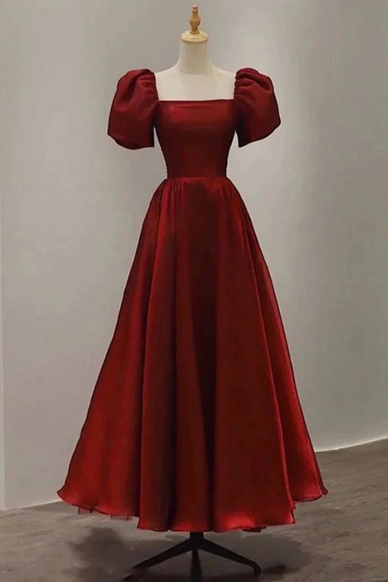 Red Prom Dress 2023 A-line Square Neck Puff Balloon Sleeves Satin with Pleats
