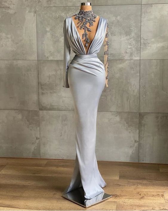 Stylish Prom Dress 2023 Sheath/Column Plunging Neck Long Sleeves Beaded